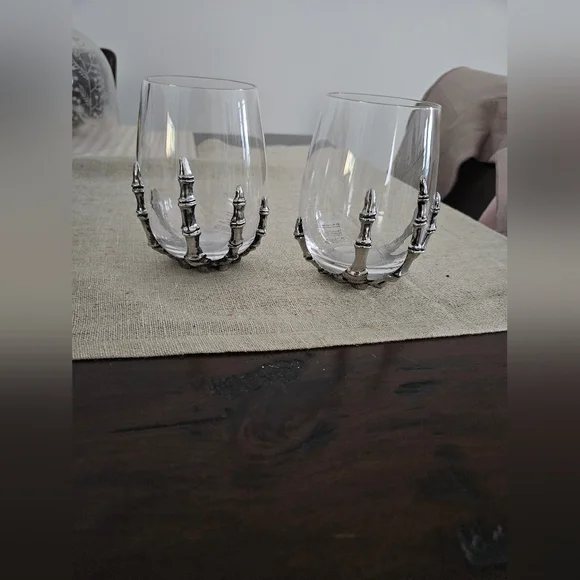 Pottery Barn Silver Skeleton Hand Stemless Glasses